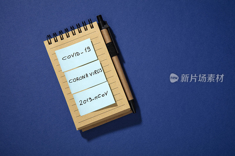 Covid-19，冠状病毒，2019-nCoV文字笔记，蓝色背景笔