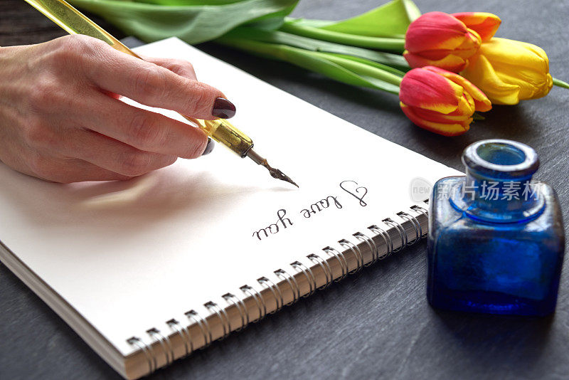 手握旧钢笔和写的话“我爱你”在纸笔记本上的黑色背景与鲜花和墨水瓶