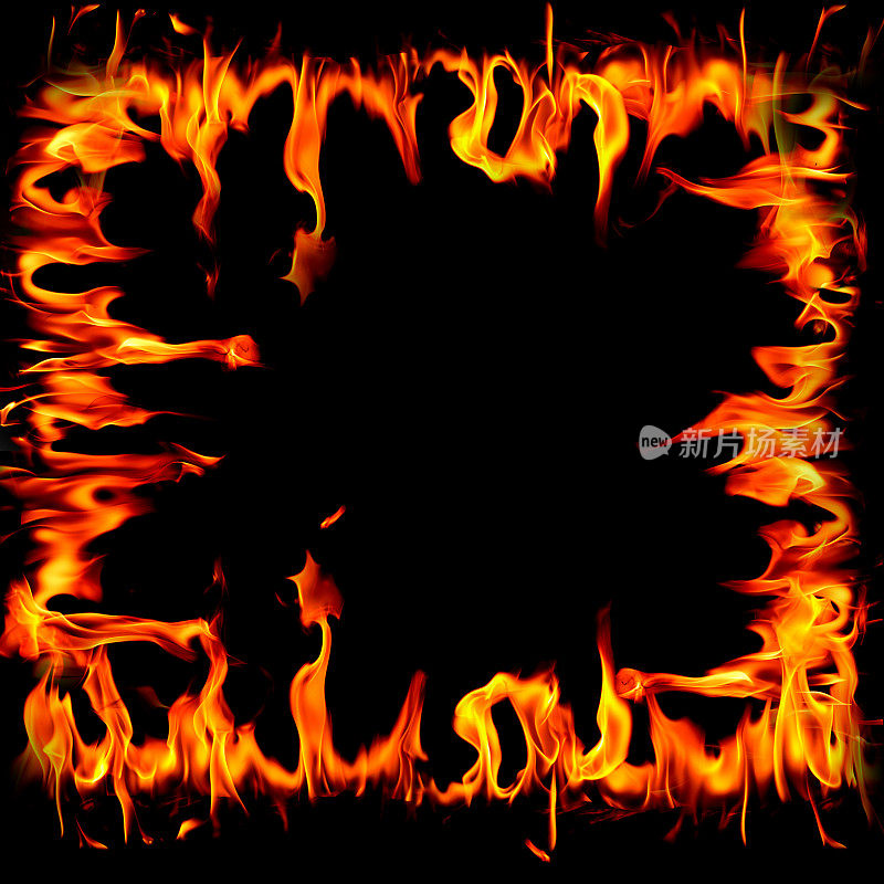 火焰方块火焰在抽象艺术黑色的背景上，燃烧着的红色炽热的火花升起，炽热的橙色发光的飞行粒子