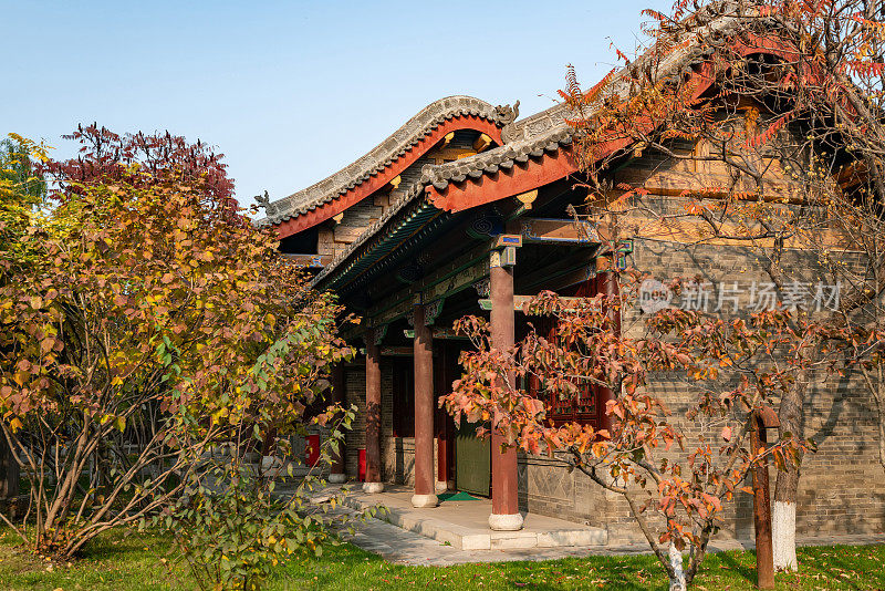秋天，公园里有中国古建筑的阁楼和银杏树