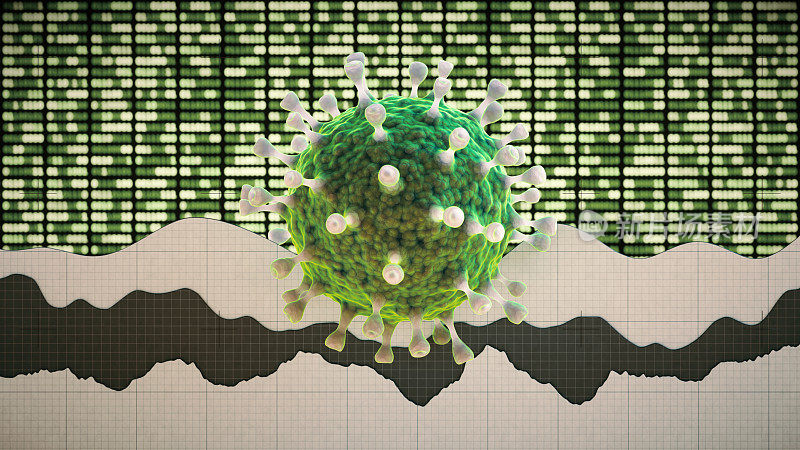 绿色COVID-19病毒细胞前散焦的绿色数据和白色空白线图。