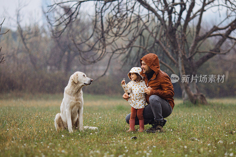 年轻的父亲和他的女儿和一只狗