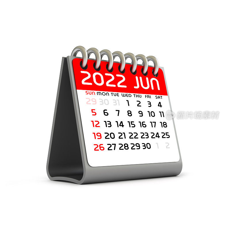 2022年6月的日历。宣传横幅。3d插图孤立在白色背景上。