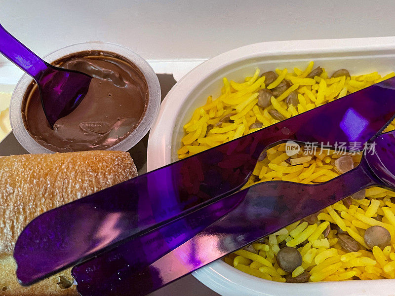一次性的全框图像，纸板飞机食物托盘包含印度咖喱饭藏红花饭，面包卷，一次性使用，塑料碗的巧克力慕斯，一次性塑料紫色餐具，提高的观点