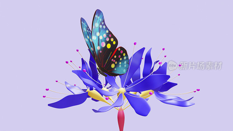 新的基因编辑的紫色花朵和反射蓝色的蝴蝶