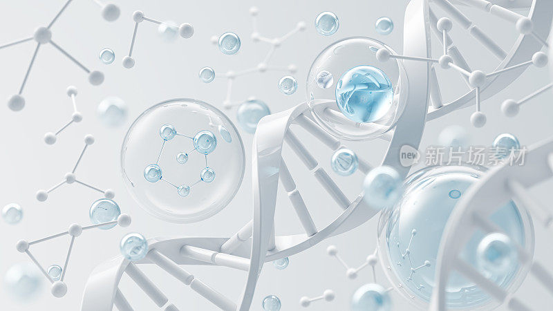 化妆品精华，液体气泡，DNA水飞溅背景上液体气泡内的分子，3d渲染