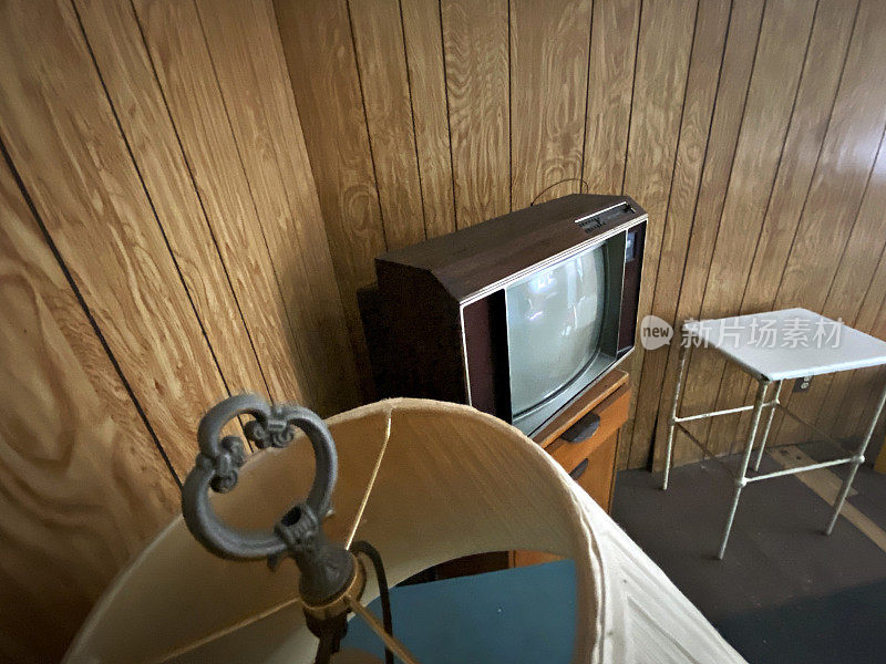 复古风格的镶板房间，配有电视和台灯