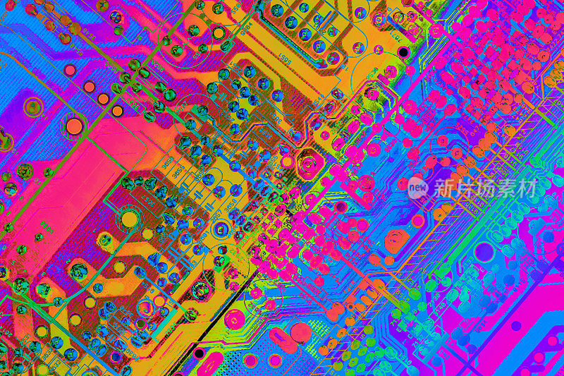 彩色程式化超现实电子电路板细节艺术表现