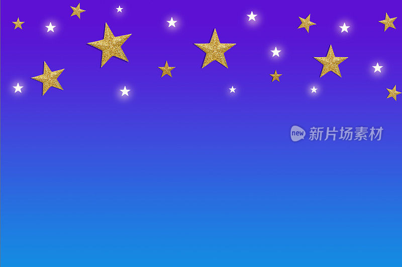 金色闪闪发光的星星在蓝色的背景和复制空间。抽象天空背景