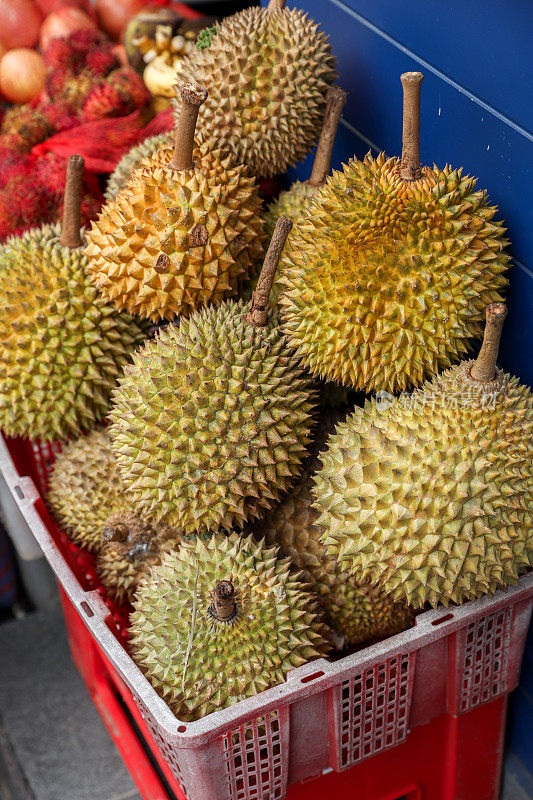 亚洲巴厘岛水果市场上的榴莲菠萝蜜堆