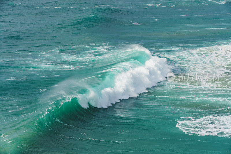 在以大浪冲浪而闻名的纳扎雷，一个宏伟的波浪卷曲着白色的泡沫。