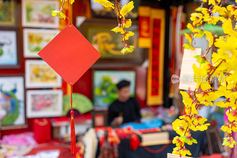 印着压岁钱的荷花树。越南春节的传统文化。越南学者在农历新年写书法，背景模糊。