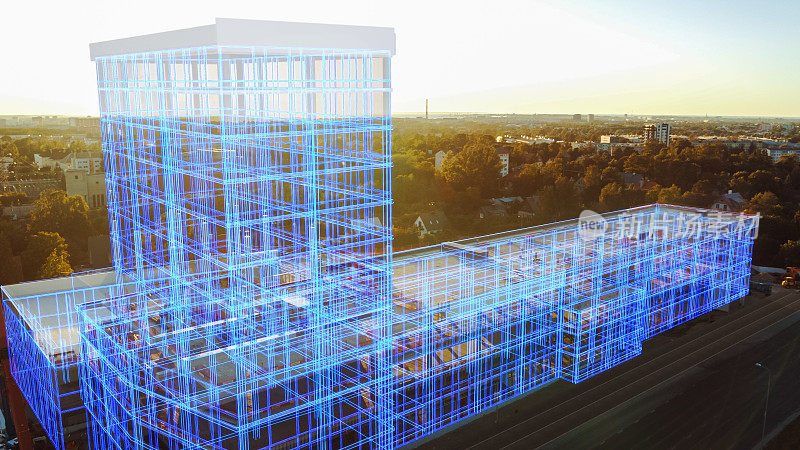 空中无人机镜头与VFX概念:建筑施工现场成为完成项目与3D图形效果的图像。可视化、设计数字化、未来城市发展