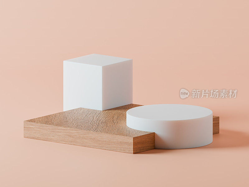 美容护肤产品展示架:一个玉方台，一个木方台，一个卡其色背景的玉筒
