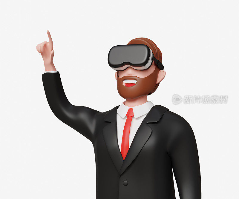 3D年轻的胡须商人戴着虚拟现实眼镜触摸增强现实屏幕。数字进化，虚拟会议，创新，VR技术，商业，金融理念