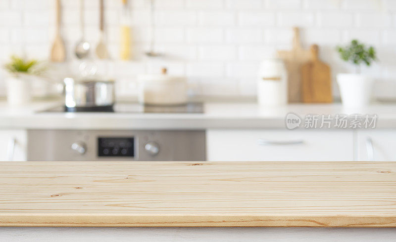 空木桌面产品蒙太奇模糊现代厨房柜台背景