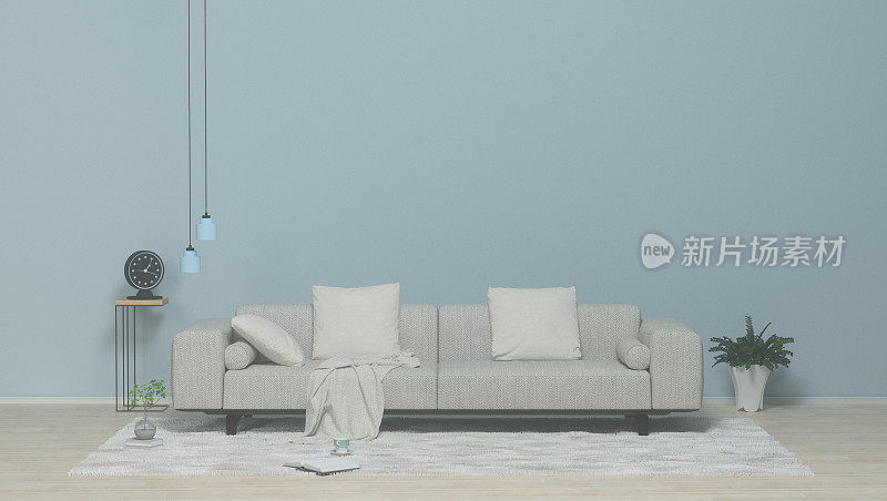 室内海报模型与织物沙发，格子和枕头在干净的墙壁背景为艺术作品，3D渲染。