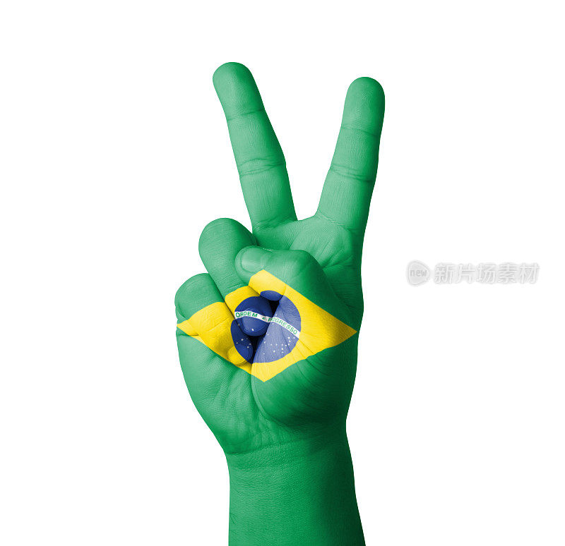 手做V形手势，巴西国旗绘制