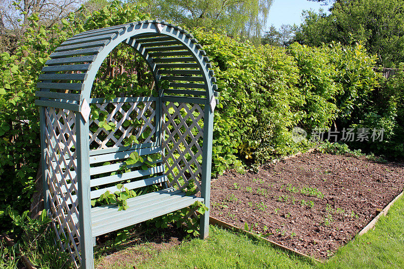 用拱形木椅分配蔬菜花园的形象