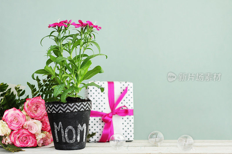 玫瑰、花卉和绿色背景的礼盒礼物
