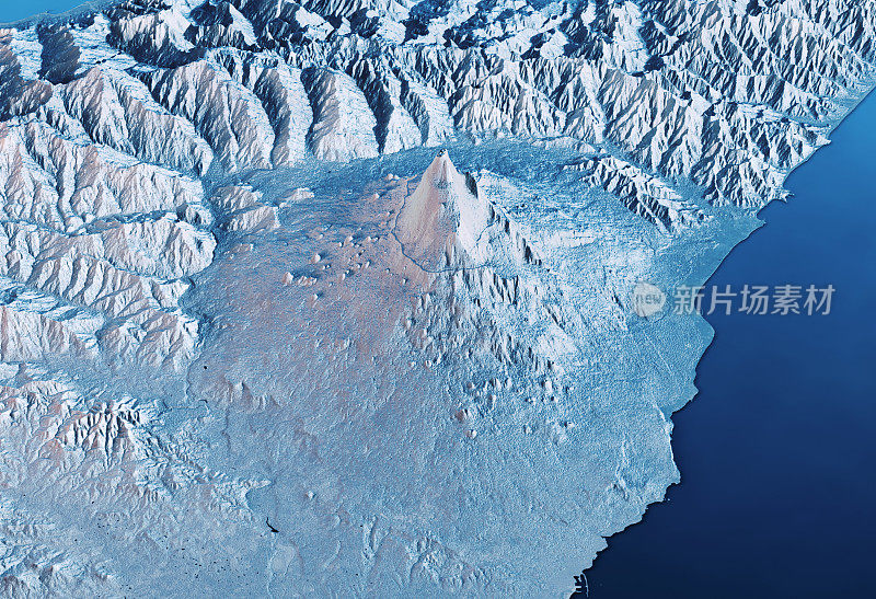 埃特纳火山3D渲染卫星视图地形图水平蓝色