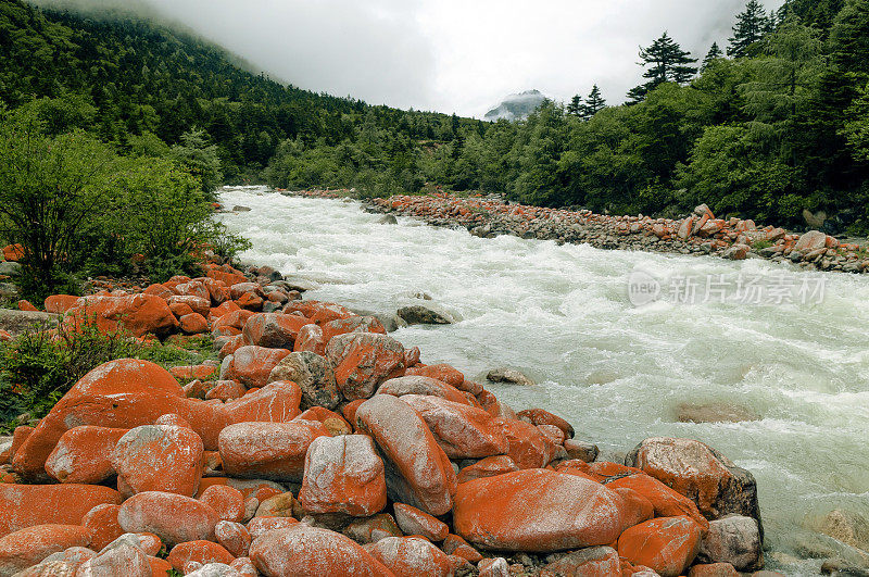 红色的石头在快速流动的河流哲多，中国四川