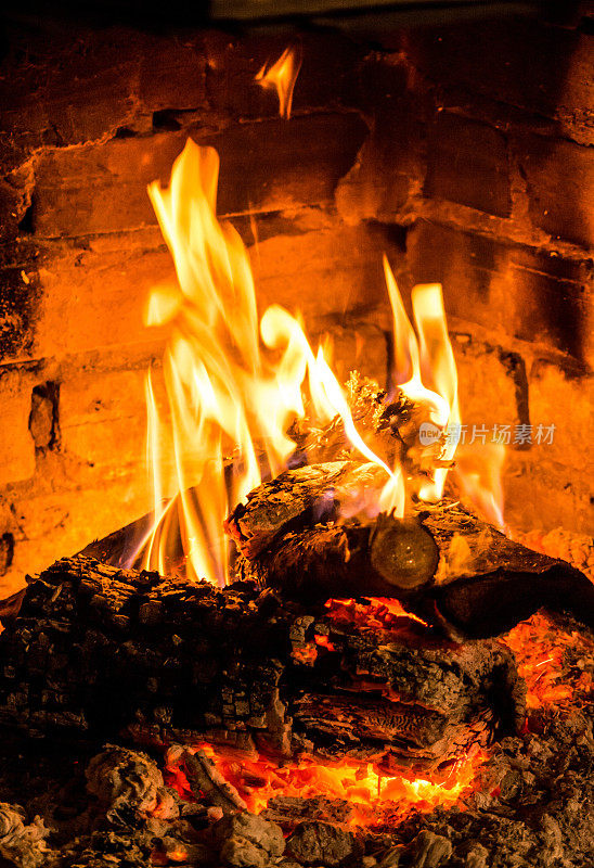 壁炉里燃烧着原木的火焰