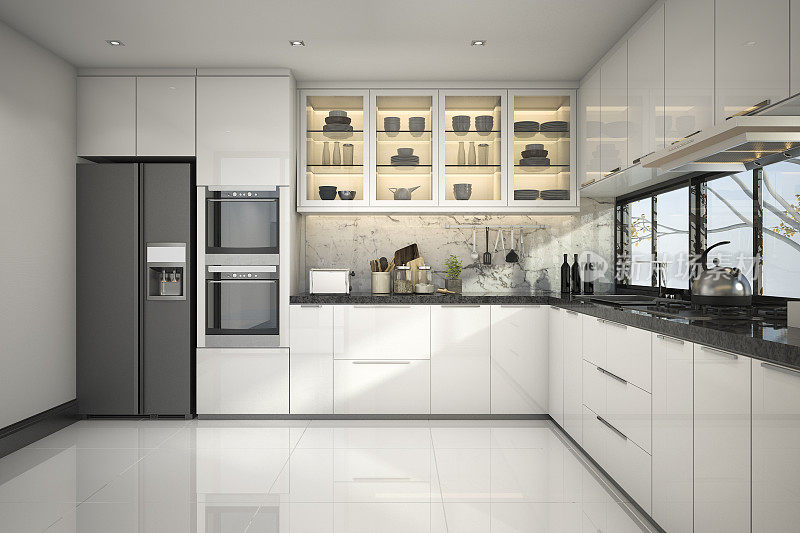 3d渲染美丽的现代白色厨房与大理石装饰