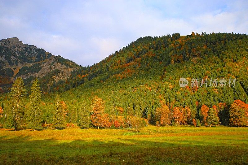 阿尔卑斯山景观在奥地利Tirol，附近Karwendel山脉和巴伐利亚阿尔卑斯山在德国-雄伟的高山景观在金色的秋天，戏剧性的Tyrol雪山全景和田园式的Tirol草地，奥地利