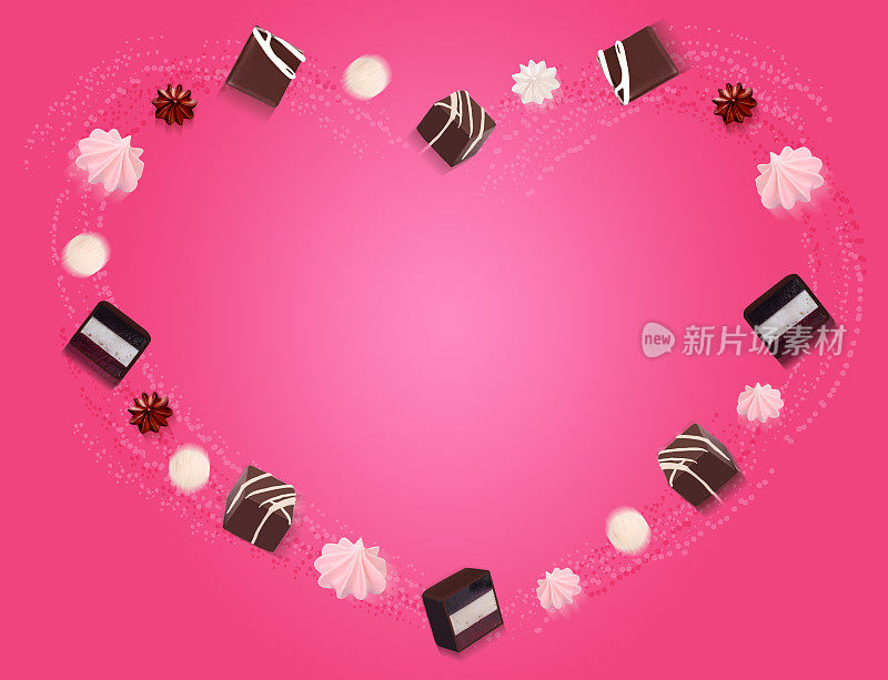 心形巧克力心形巧克力的组成物巧克力糖果在粉红色的背景上飞舞。
