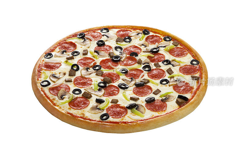 意大利辣香肠披萨与蘑菇孤立在白色背景
