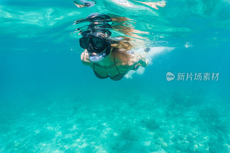 妇女在水下潜水探索海洋生物。