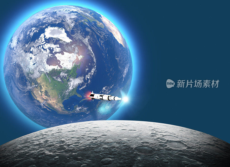 土星五号火箭向月球发射，标志着人类登月50周年。阿波罗任务11。地球和月球。三维渲染