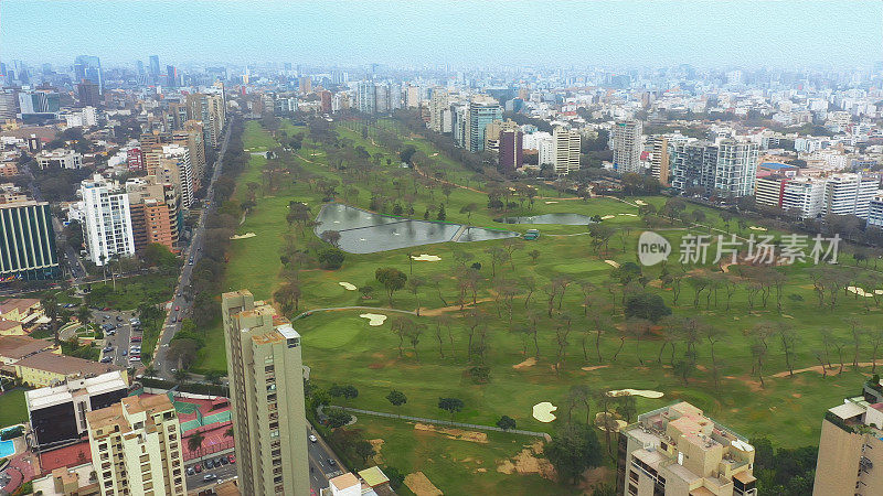 油画全景鸟瞰图圣伊西多罗地区在利马，秘鲁。