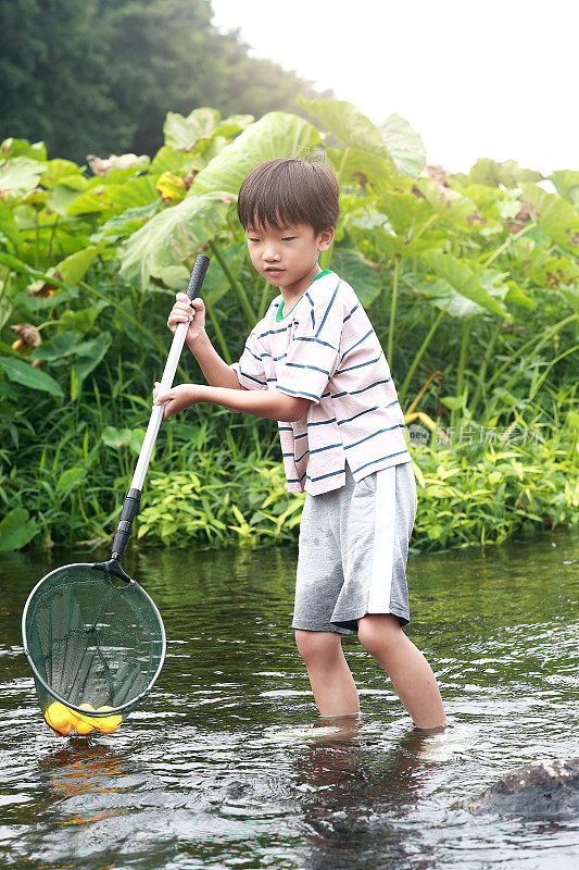 孩子们在小溪边钓鱼