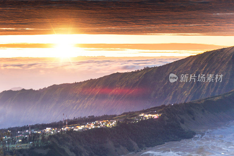 清晨在印度尼西亚东爪哇的布罗莫卡尔代拉。火山的形成有几座火山，以著名的布罗莫火山和塞默鲁火山为背景