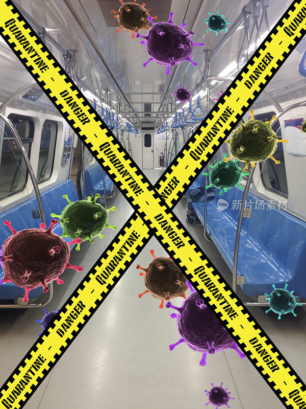 地铁列车背景处的冠状病毒肺炎检疫警告黄色警告带。
