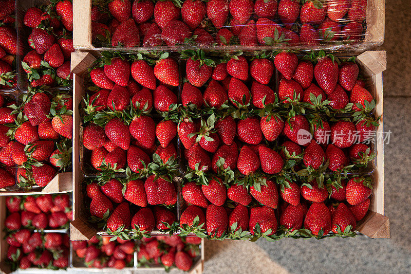 市场上新鲜季节的草莓。前视图。