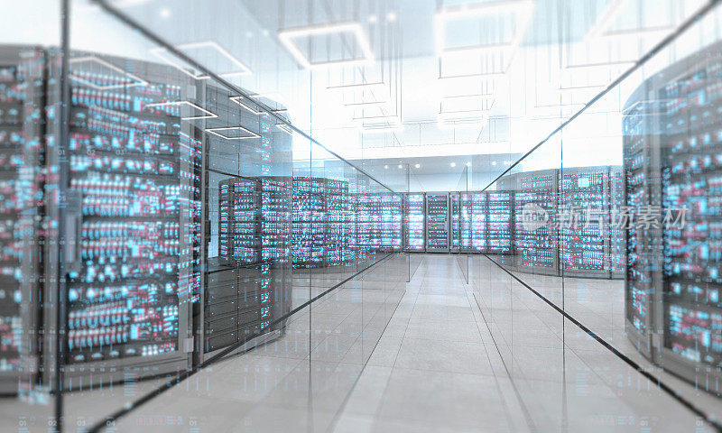 未来的数据中心服务器室在一个大明亮的空间