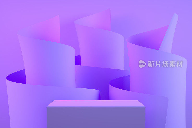 讲台，空产品展台，平台，台座，展览与卷曲的纸背景