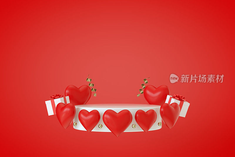 空的讲台，台座，情人节的心与红色背景的礼品盒