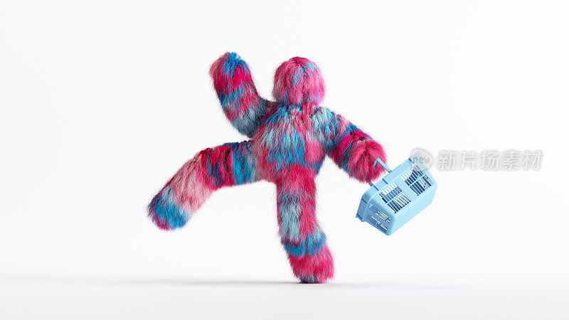 3d渲染，彩色毛茸茸的雪人卡通人物购物。有趣的毛绒玩具装着空的购物篮。商业剪辑艺术孤立在白色背景上