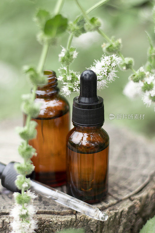 不同大小的琥珀玻璃滴瓶放在树桩上。天然化妆品，含植物精华精华的精华液，用于护肤。