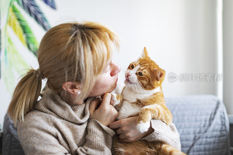 年轻的成年妇女和姜黄色的猫在家里