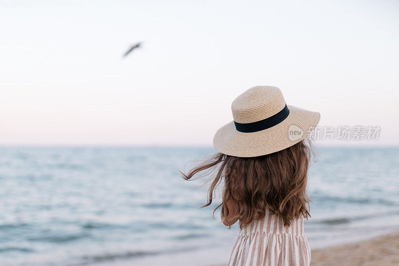 一个戴草帽的女孩在阳光明媚的日子里看着远处的大海的特写。海风在吹。背景是海浪，海鸥。可爱的小女孩欣赏海景