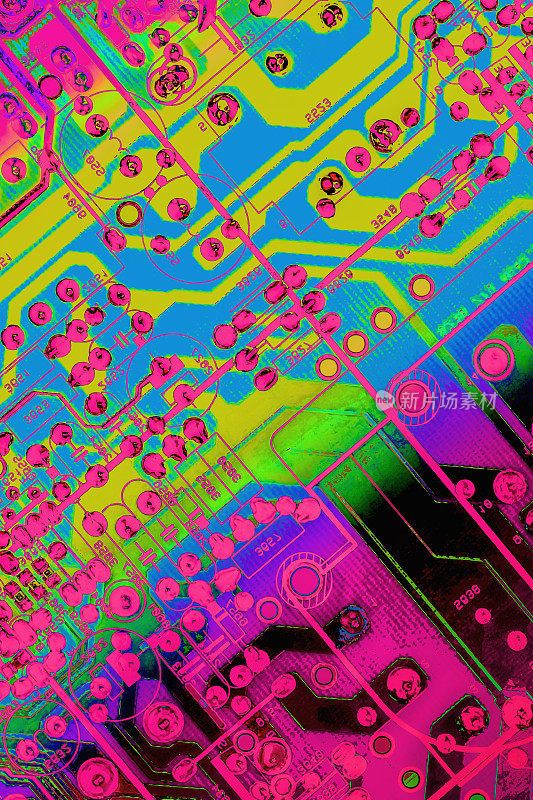 彩色程式化超现实电子电路板细节艺术表现