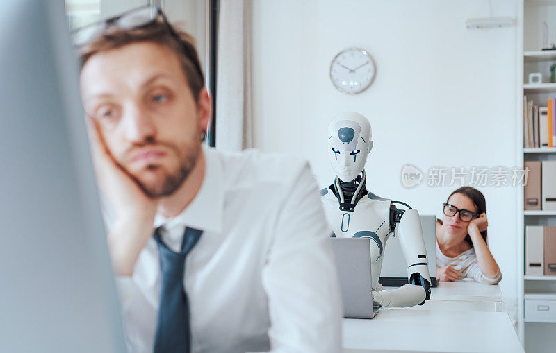 无聊沮丧的商人和人工智能机器人