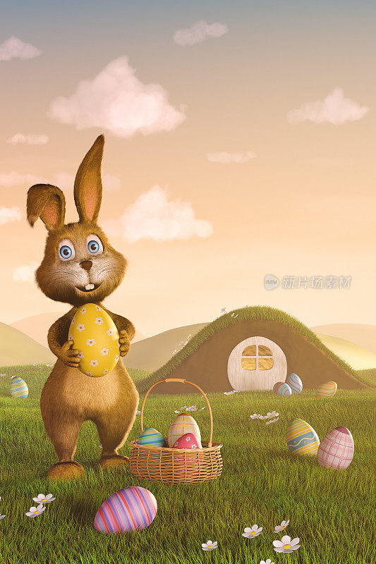 带着篮子和蛋的复活节兔子