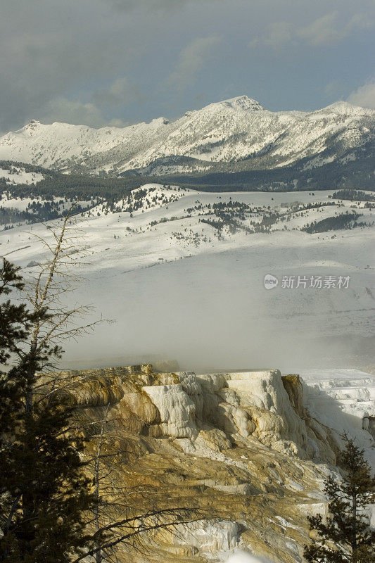 蒸汽从猛犸温泉升起，黄石国家公园，怀俄明州