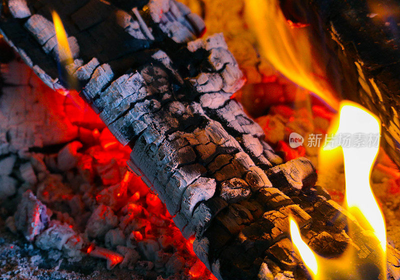 鲜艳的五彩火焰，燃烧着壁炉旁的柴火。